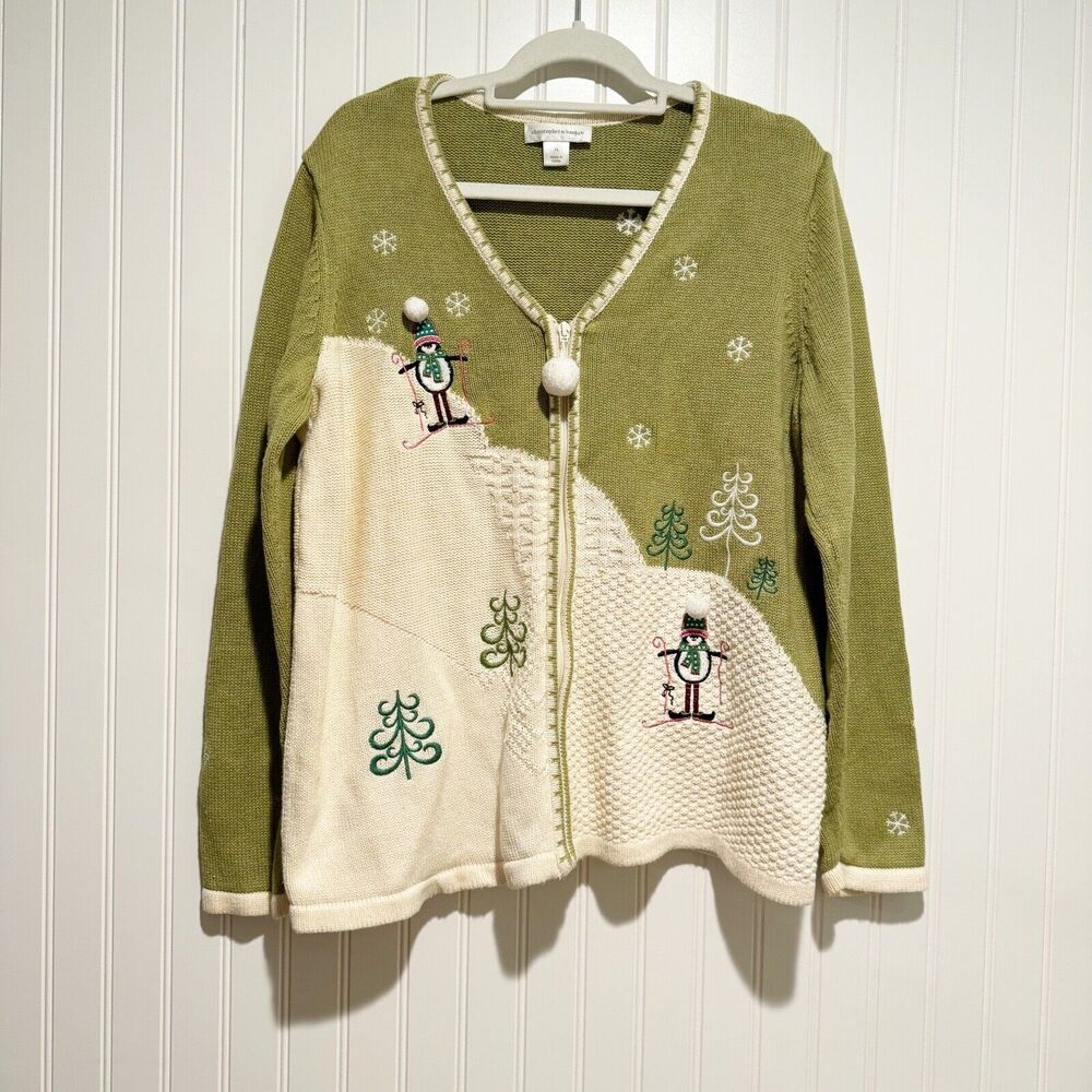 Christopher Banks Penguin Christmas Cardigan Sweater Front Zipper Size XL
